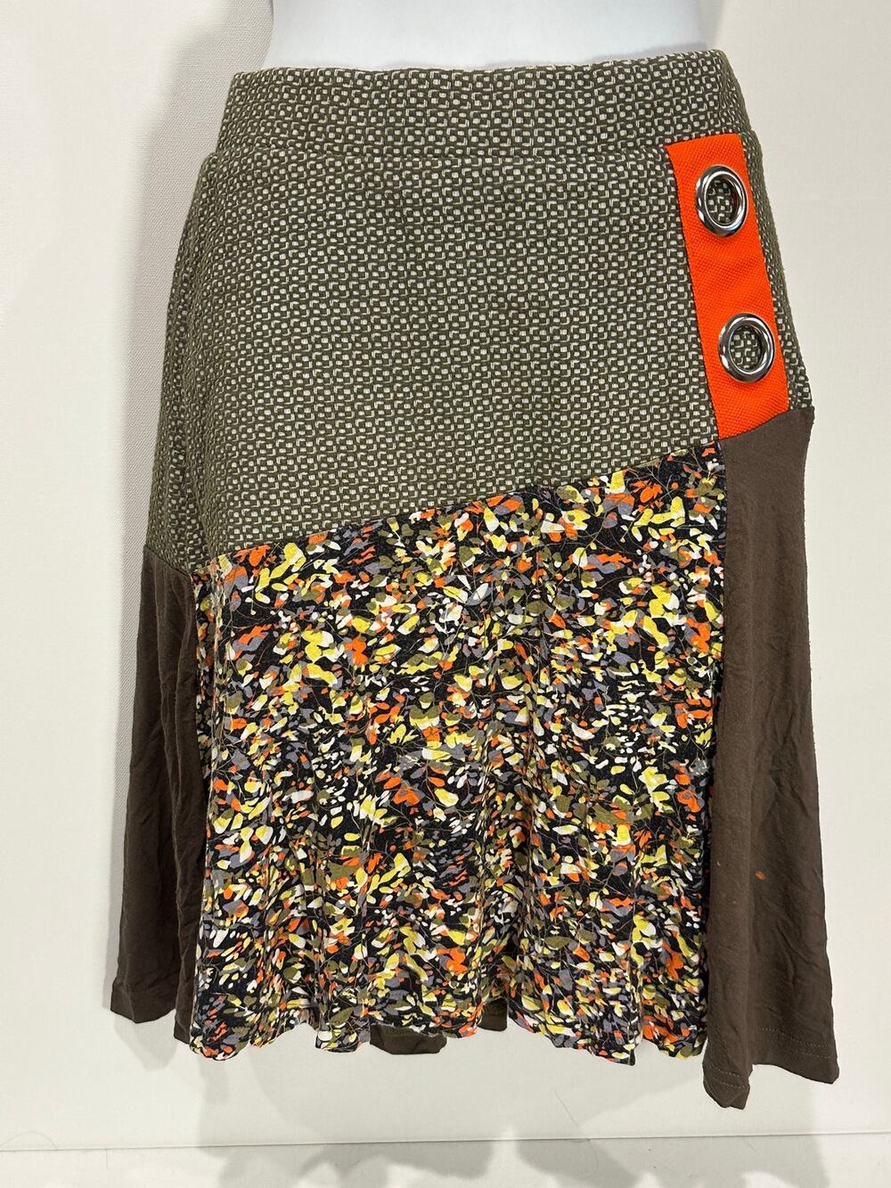 Smash! Spain Y2K Retro Mod Patchwork A-Line Skirt Orange Grommet Olive S